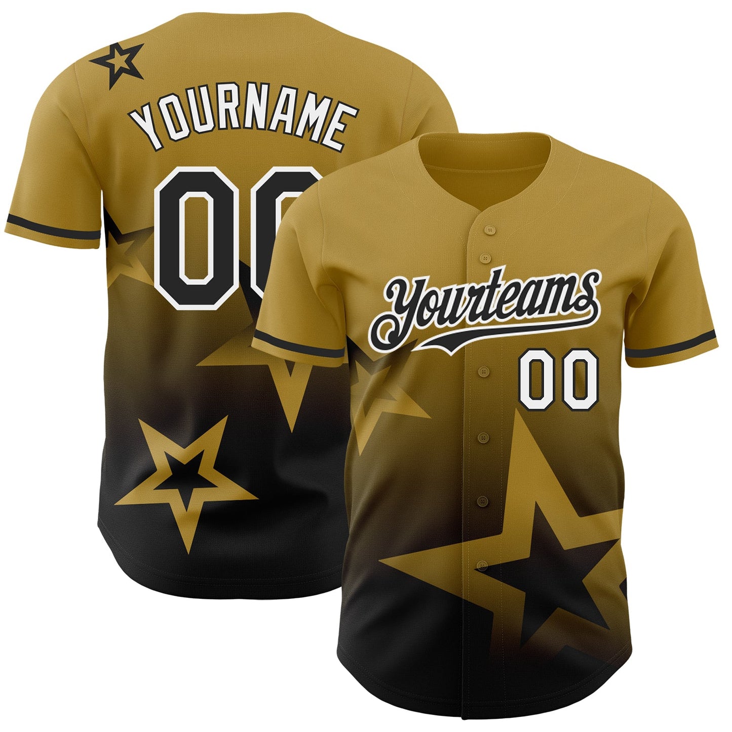 Custom Old Gold Black-White 3D Pattern Design Gradient Style Twinkle Star Authentic Baseball Jersey - Main View