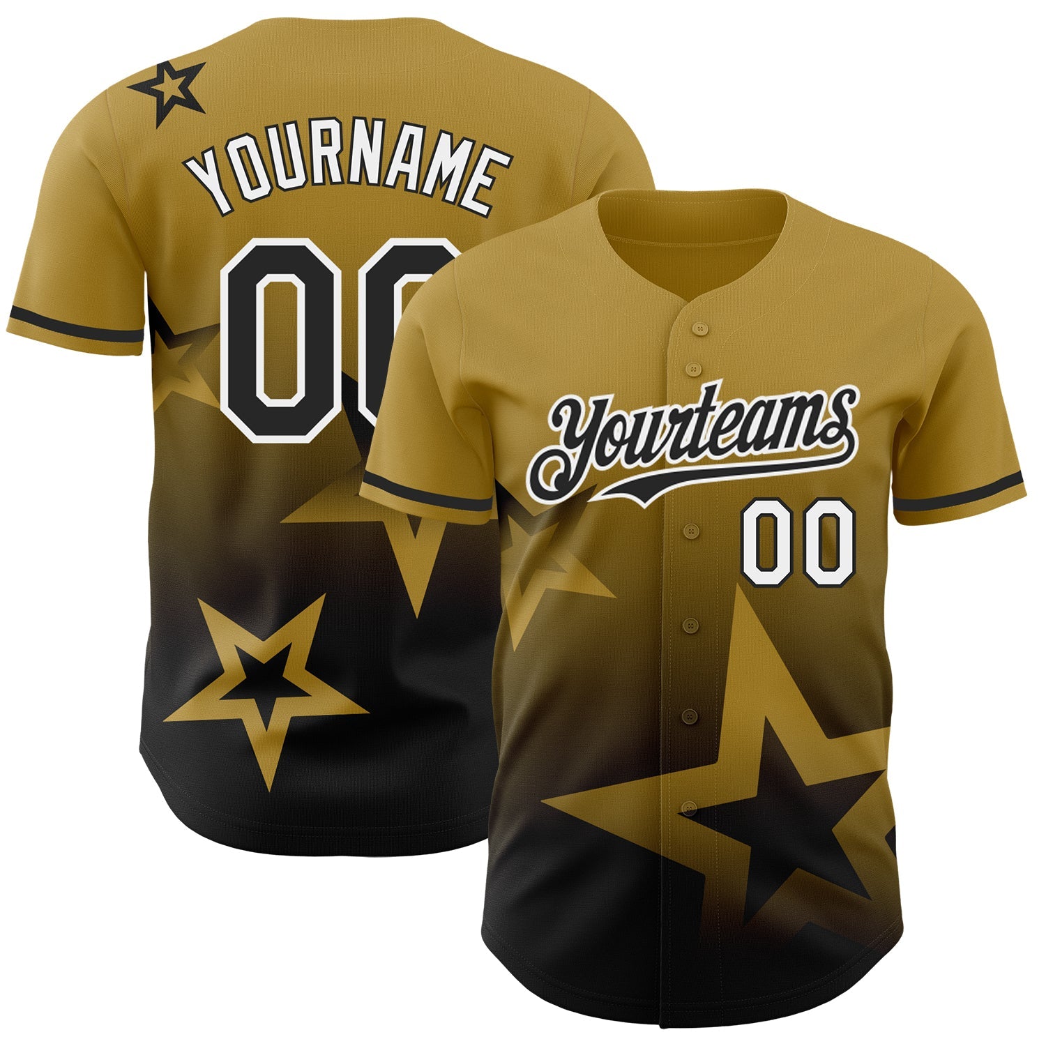 Custom Old Gold Black-White 3D Pattern Design Gradient Style Twinkle Star Authentic Baseball Jersey - Main View
