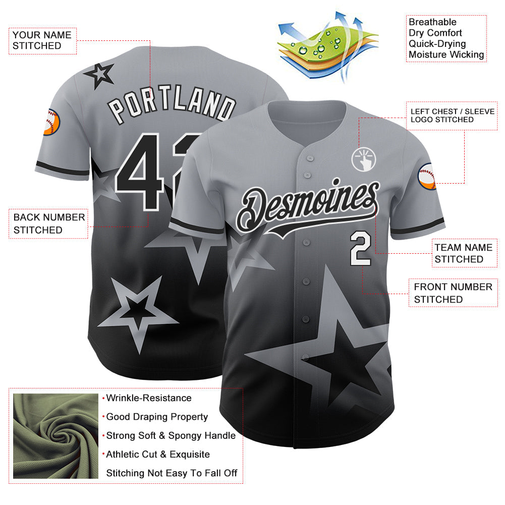 Custom Gray Black-White 3D Pattern Design Gradient Style Twinkle Star Authentic Baseball Jersey view 3