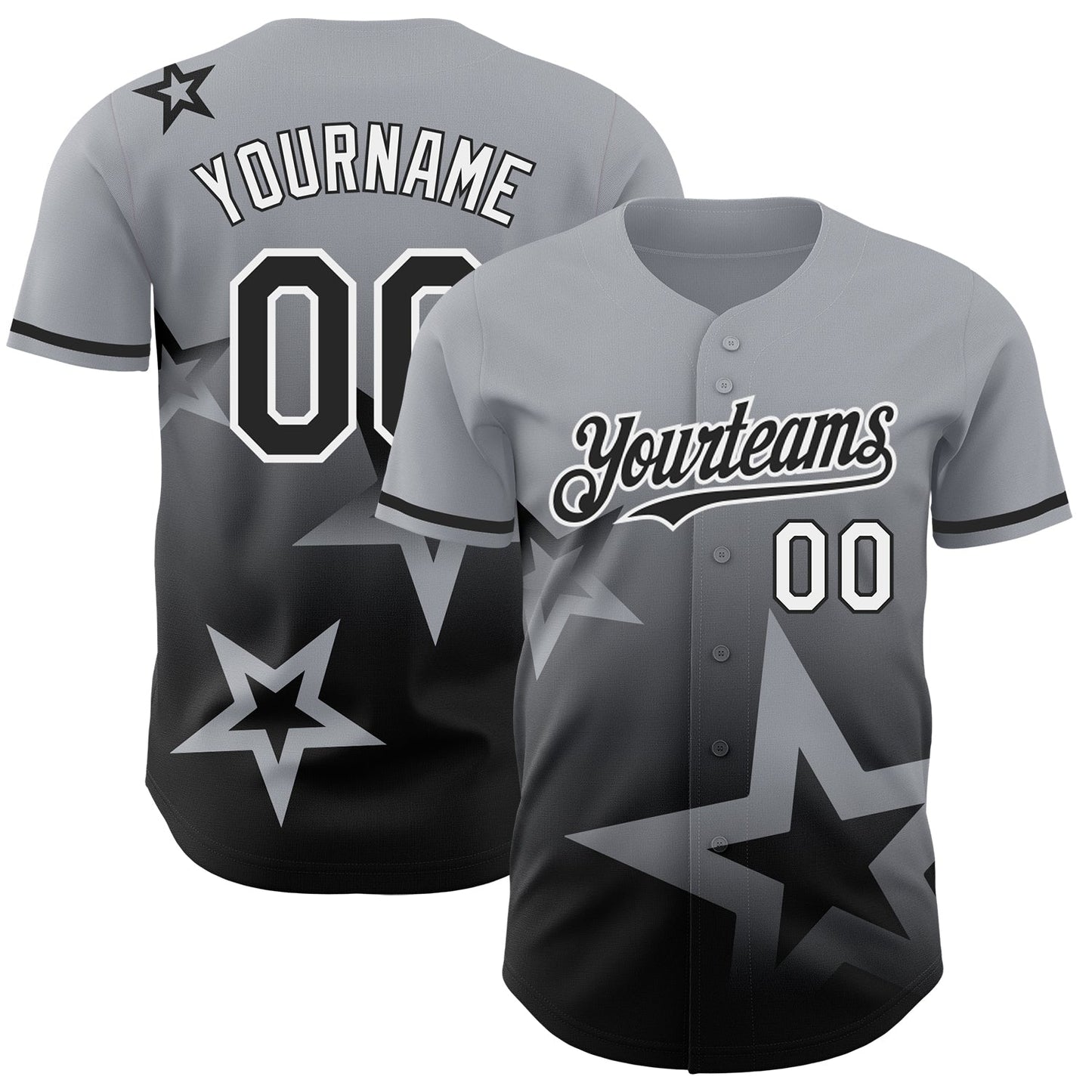 Custom Gray Black-White 3D Pattern Design Gradient Style Twinkle Star Authentic Baseball Jersey - Main View