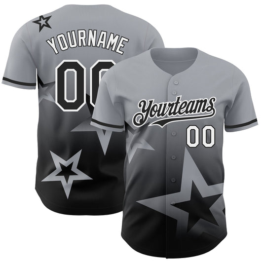 Custom Gray Black-White 3D Pattern Design Gradient Style Twinkle Star Authentic Baseball Jersey - Main View