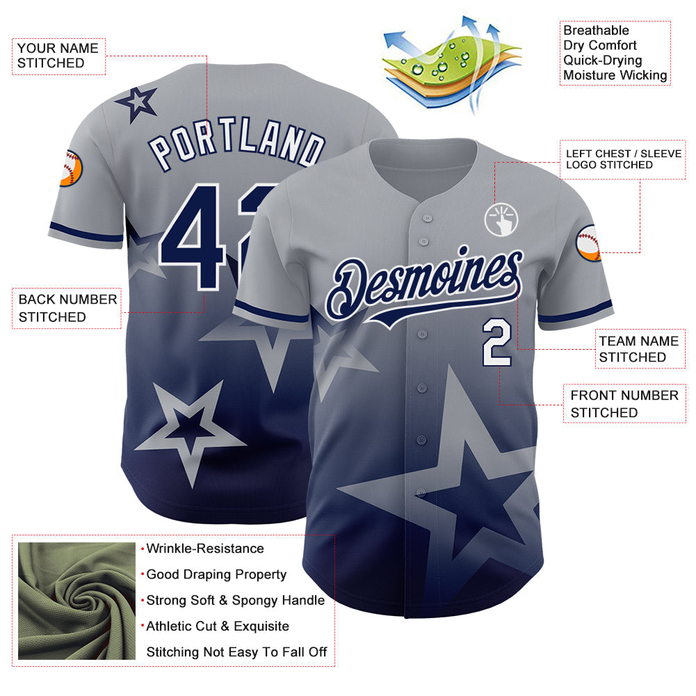 Custom Gray Navy-White 3D Pattern Design Gradient Style Twinkle Star Authentic Baseball Jersey view 3