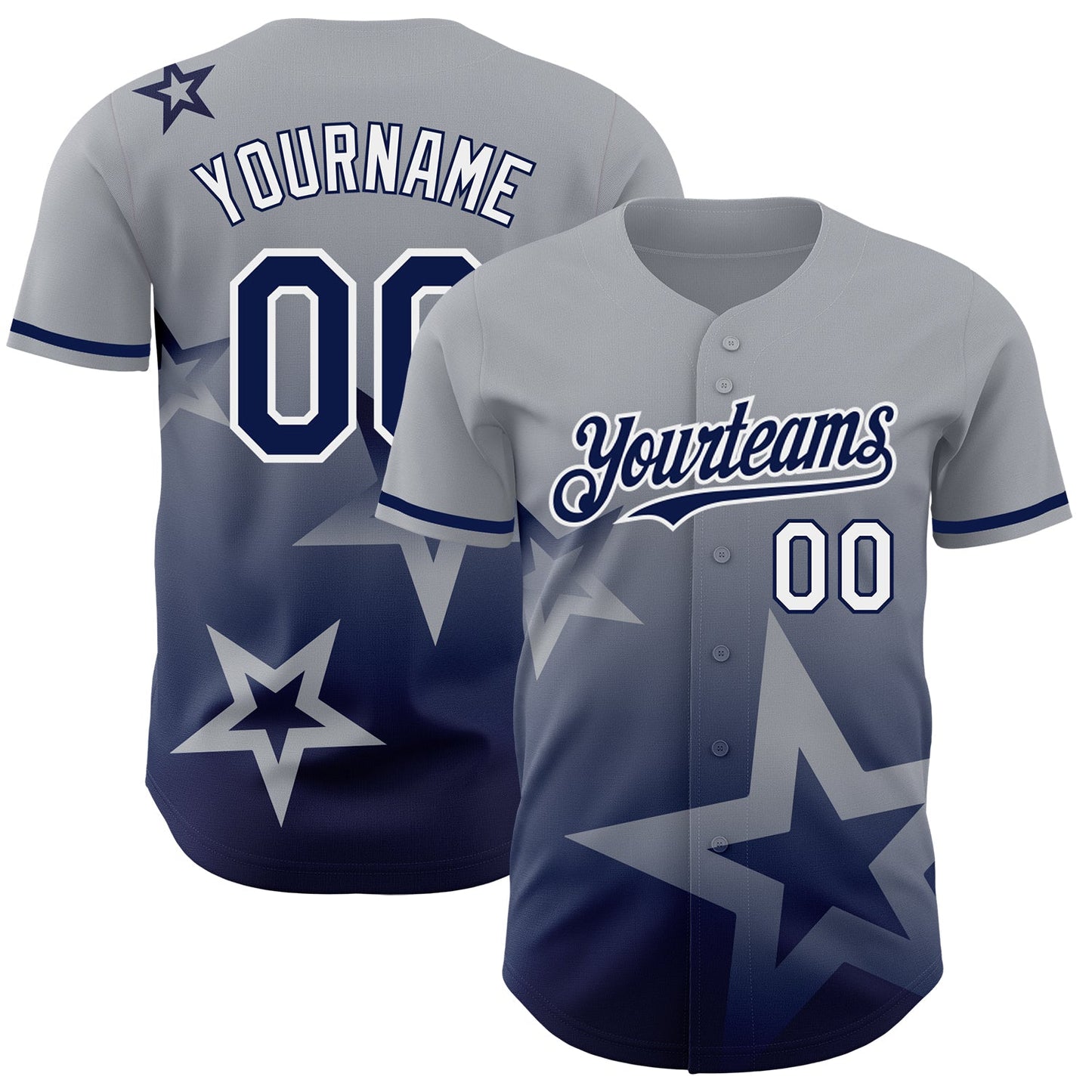 Custom Gray Navy-White 3D Pattern Design Gradient Style Twinkle Star Authentic Baseball Jersey - Main View