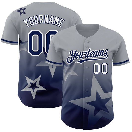 Custom Gray Navy-White 3D Pattern Design Gradient Style Twinkle Star Authentic Baseball Jersey - Main View
