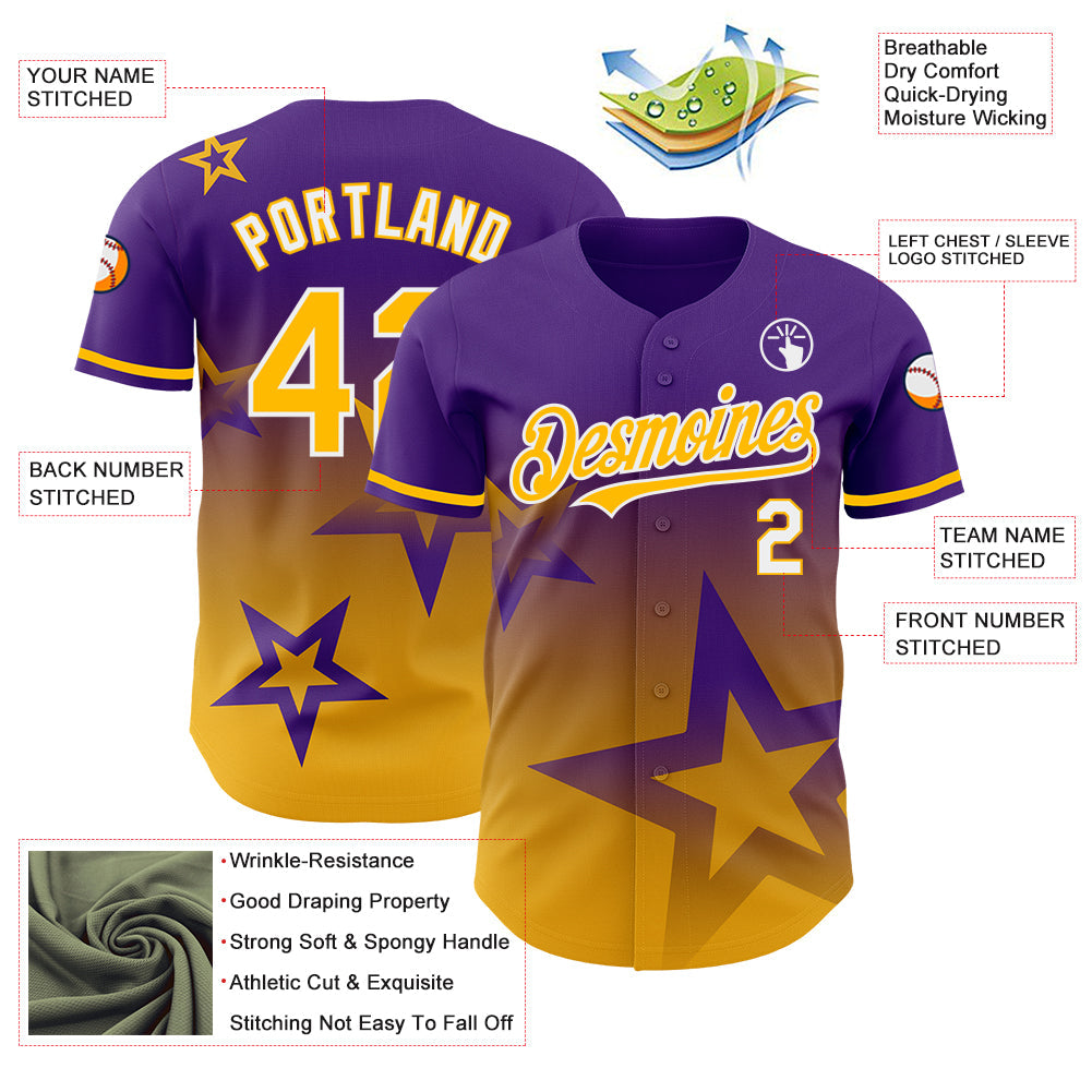 Custom Purple Gold-White 3D Pattern Design Gradient Style Twinkle Star Authentic Baseball Jersey view 3