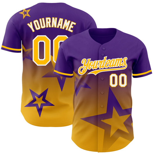 Custom Purple Gold-White 3D Pattern Design Gradient Style Twinkle Star Authentic Baseball Jersey - Main View