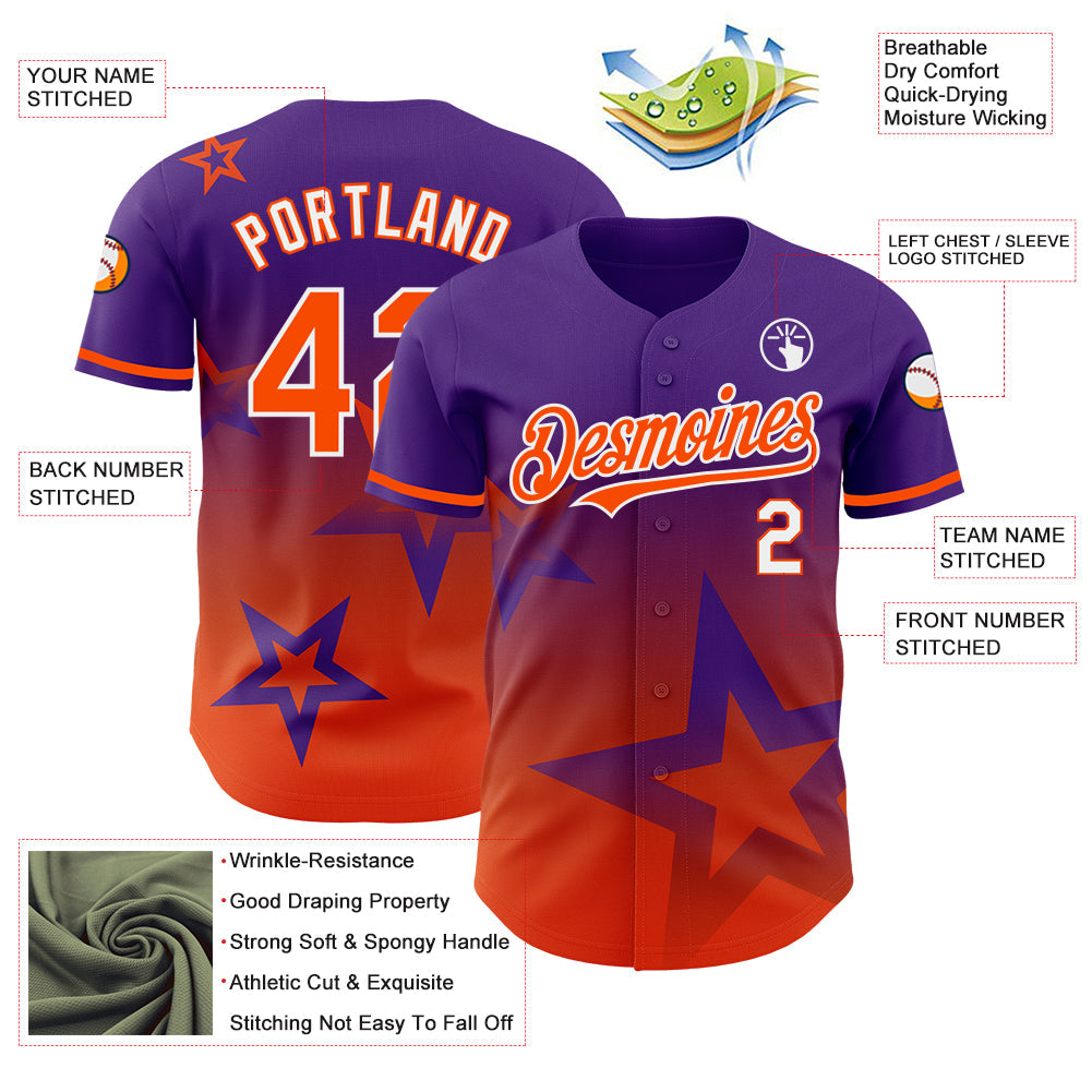 Custom Purple Orange-White 3D Pattern Design Gradient Style Twinkle Star Authentic Baseball Jersey view 3