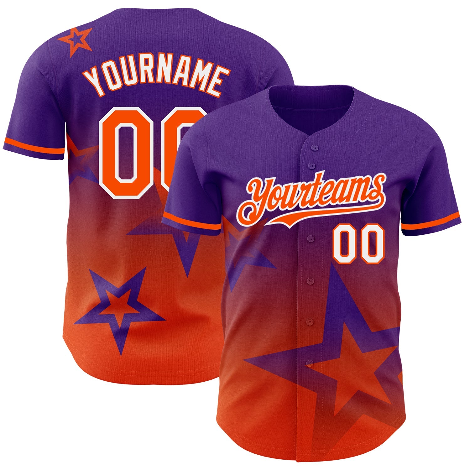 Custom Purple Orange-White 3D Pattern Design Gradient Style Twinkle Star Authentic Baseball Jersey - Main View