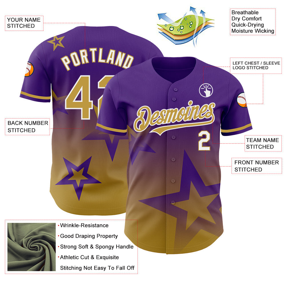 Custom Purple Old Gold-White 3D Pattern Design Gradient Style Twinkle Star Authentic Baseball Jersey view 3