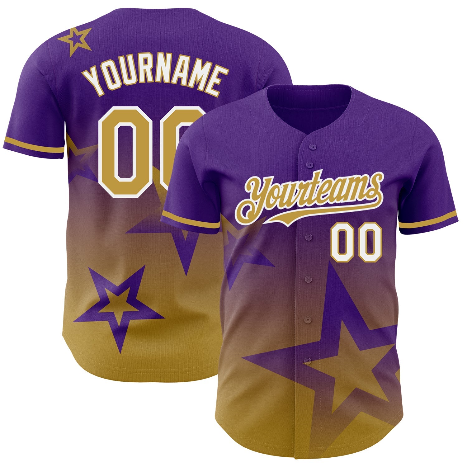 Custom Purple Old Gold-White 3D Pattern Design Gradient Style Twinkle Star Authentic Baseball Jersey - Main View