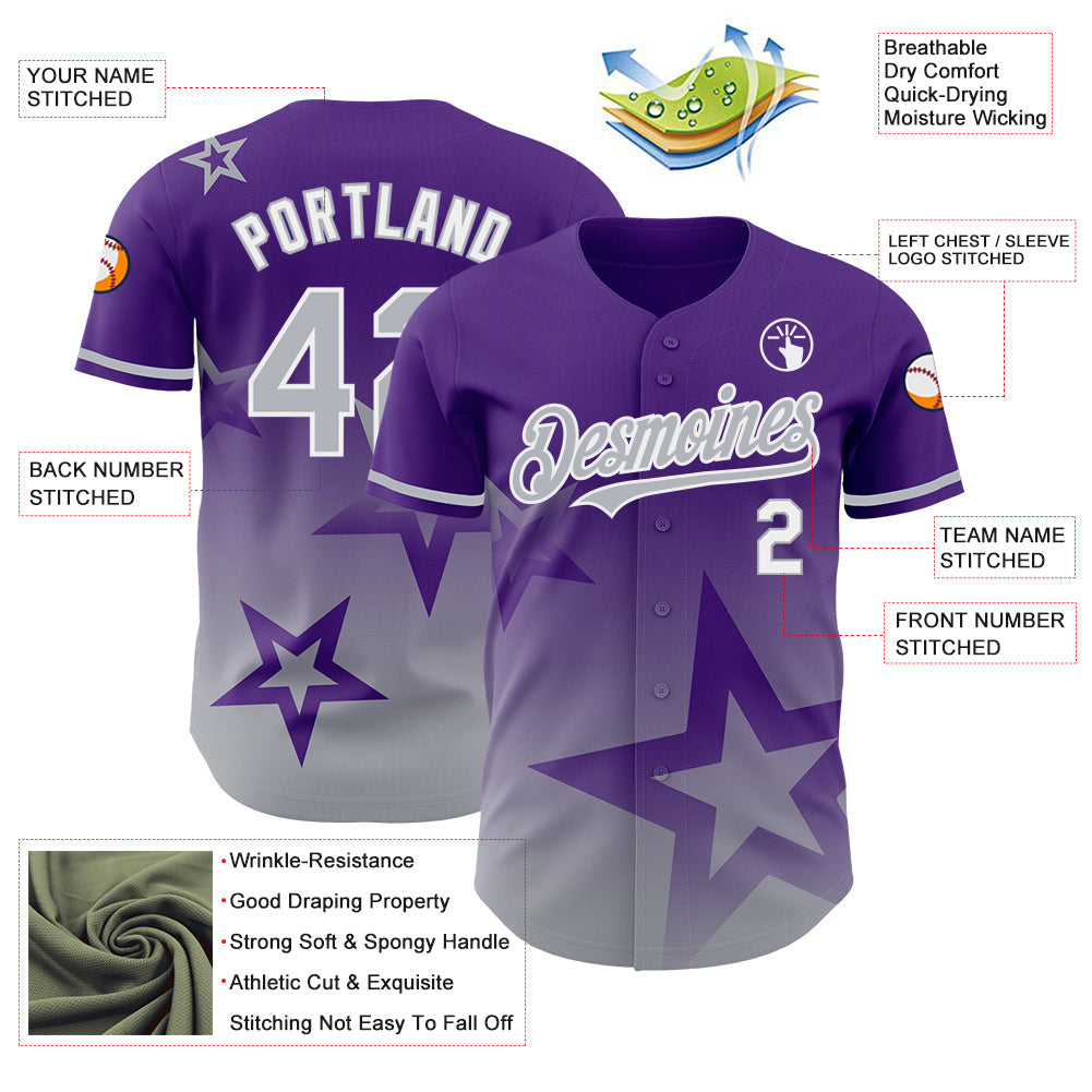 Custom Purple Gray-White 3D Pattern Design Gradient Style Twinkle Star Authentic Baseball Jersey view 3