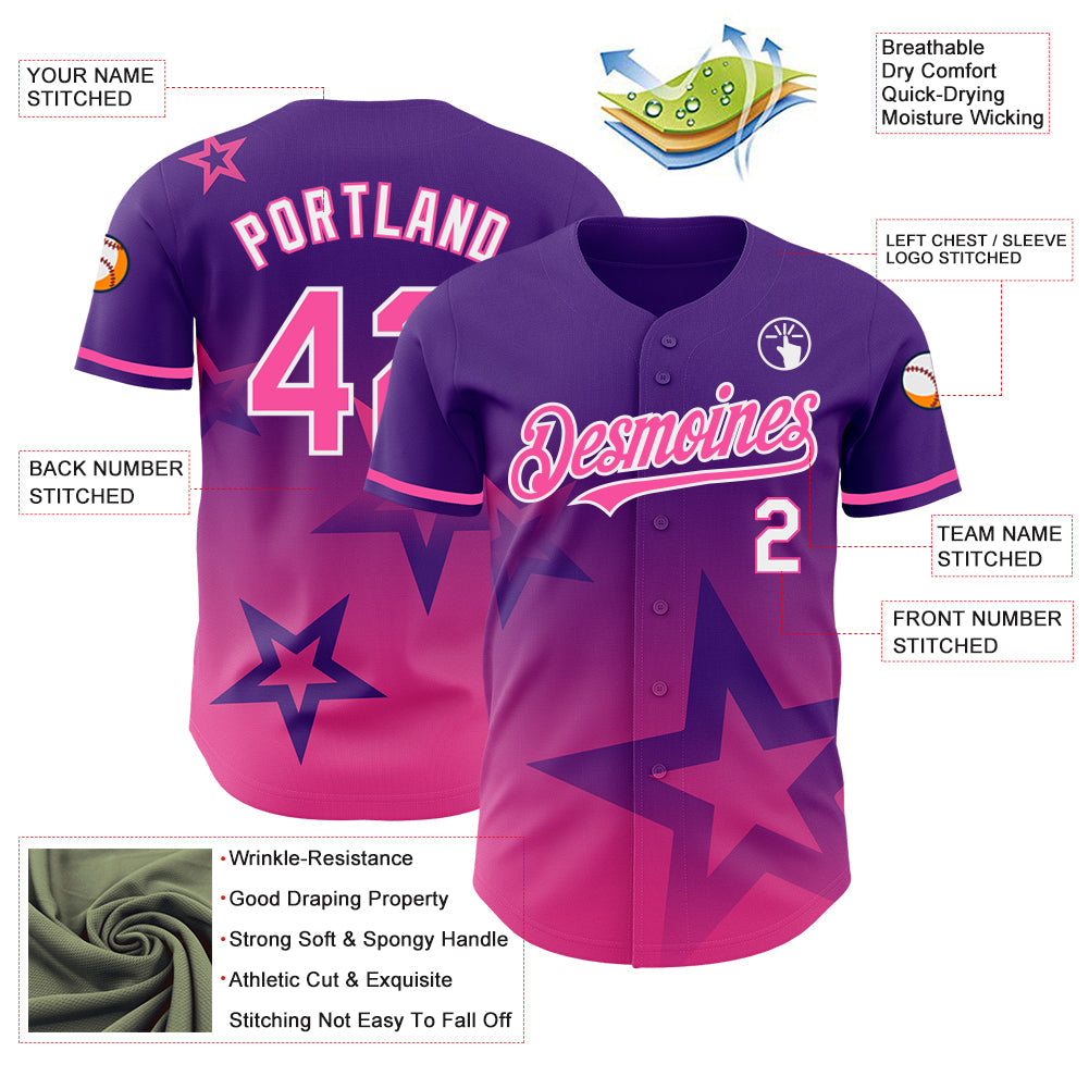 Custom Purple Pink-White 3D Pattern Design Gradient Style Twinkle Star Authentic Baseball Jersey view 3