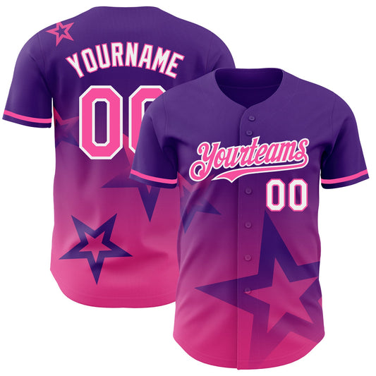 Custom Purple Pink-White 3D Pattern Design Gradient Style Twinkle Star Authentic Baseball Jersey - Main View
