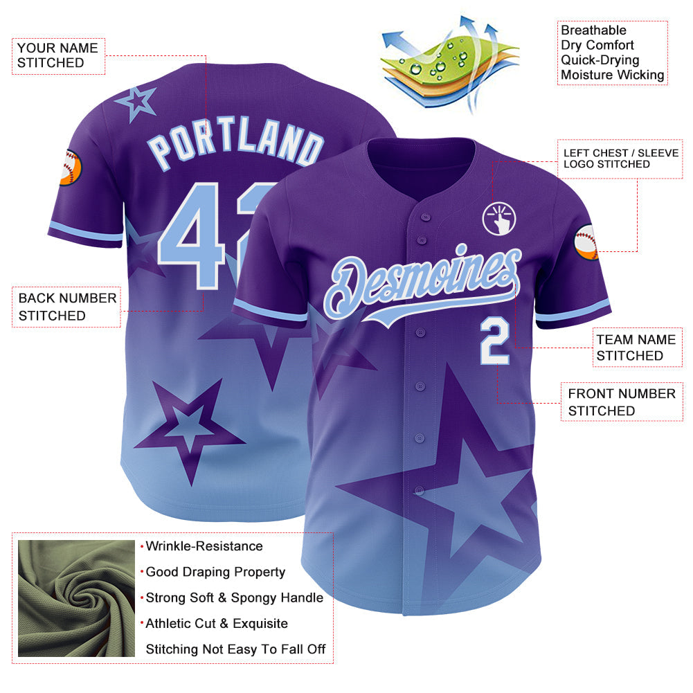 Custom Purple Light Blue-White 3D Pattern Design Gradient Style Twinkle Star Authentic Baseball Jersey view 3