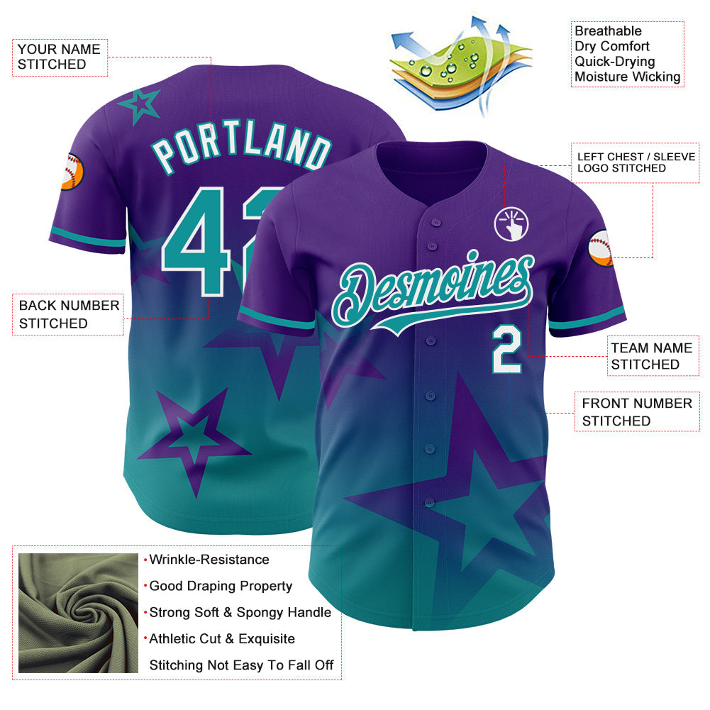 Custom Purple Teal-White 3D Pattern Design Gradient Style Twinkle Star Authentic Baseball Jersey view 3