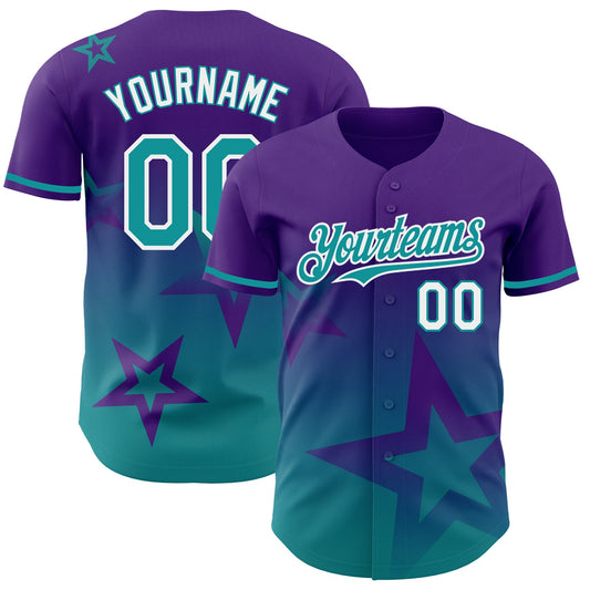Custom Purple Teal-White 3D Pattern Design Gradient Style Twinkle Star Authentic Baseball Jersey - Main View