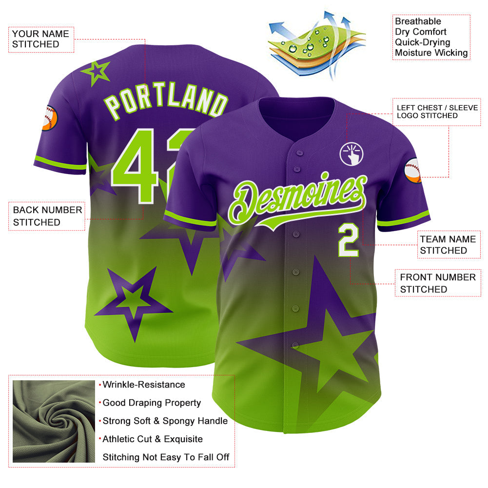 Custom Purple Neon Green-White 3D Pattern Design Gradient Style Twinkle Star Authentic Baseball Jersey view 3