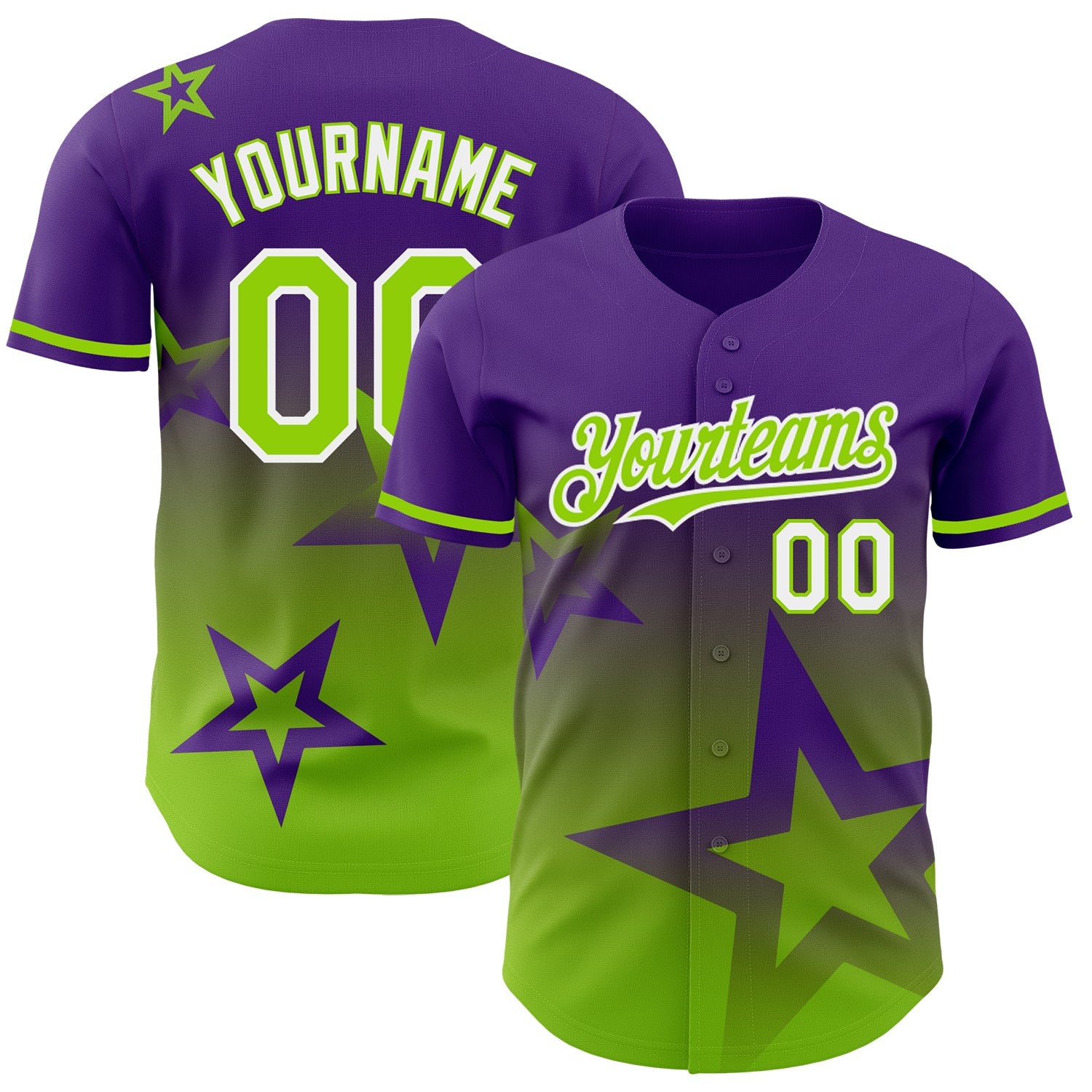 Custom Purple Neon Green-White 3D Pattern Design Gradient Style Twinkle Star Authentic Baseball Jersey - Main View