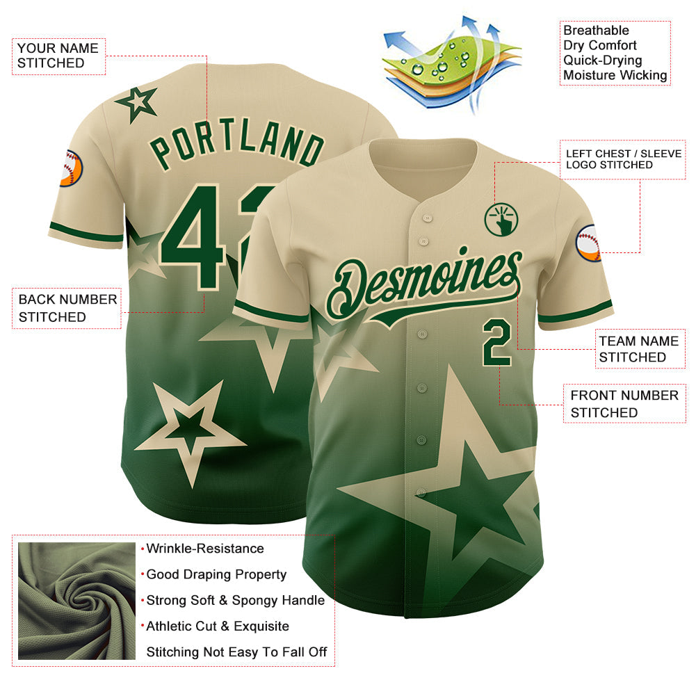 Custom Cream Green 3D Pattern Design Gradient Style Twinkle Star Authentic Baseball Jersey view 4