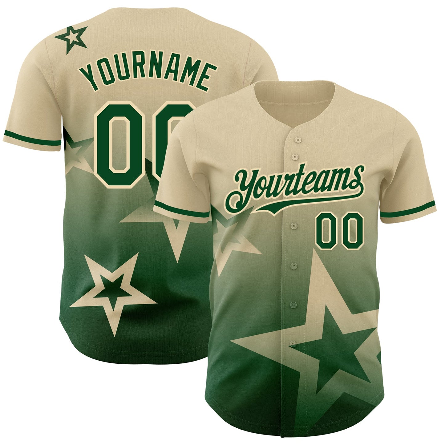 Custom Cream Green 3D Pattern Design Gradient Style Twinkle Star Authentic Baseball Jersey - Main View