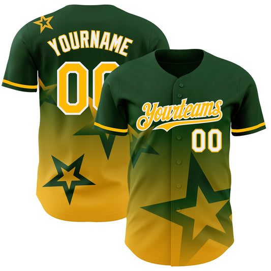 Custom Green Gold-White 3D Pattern Design Gradient Style Twinkle Star Authentic Baseball Jersey - Main View