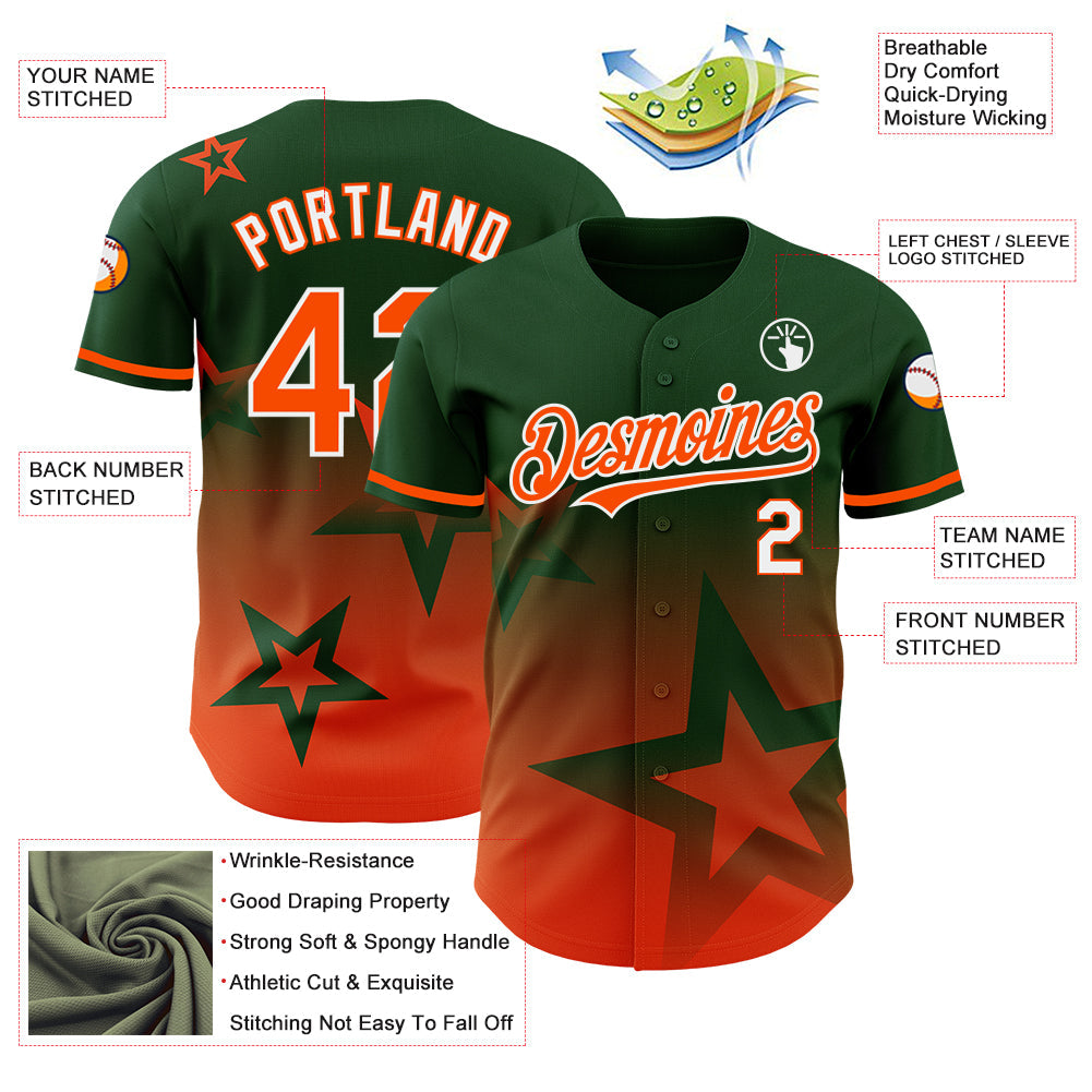 Custom Green Orange-White 3D Pattern Design Gradient Style Twinkle Star Authentic Baseball Jersey view 3
