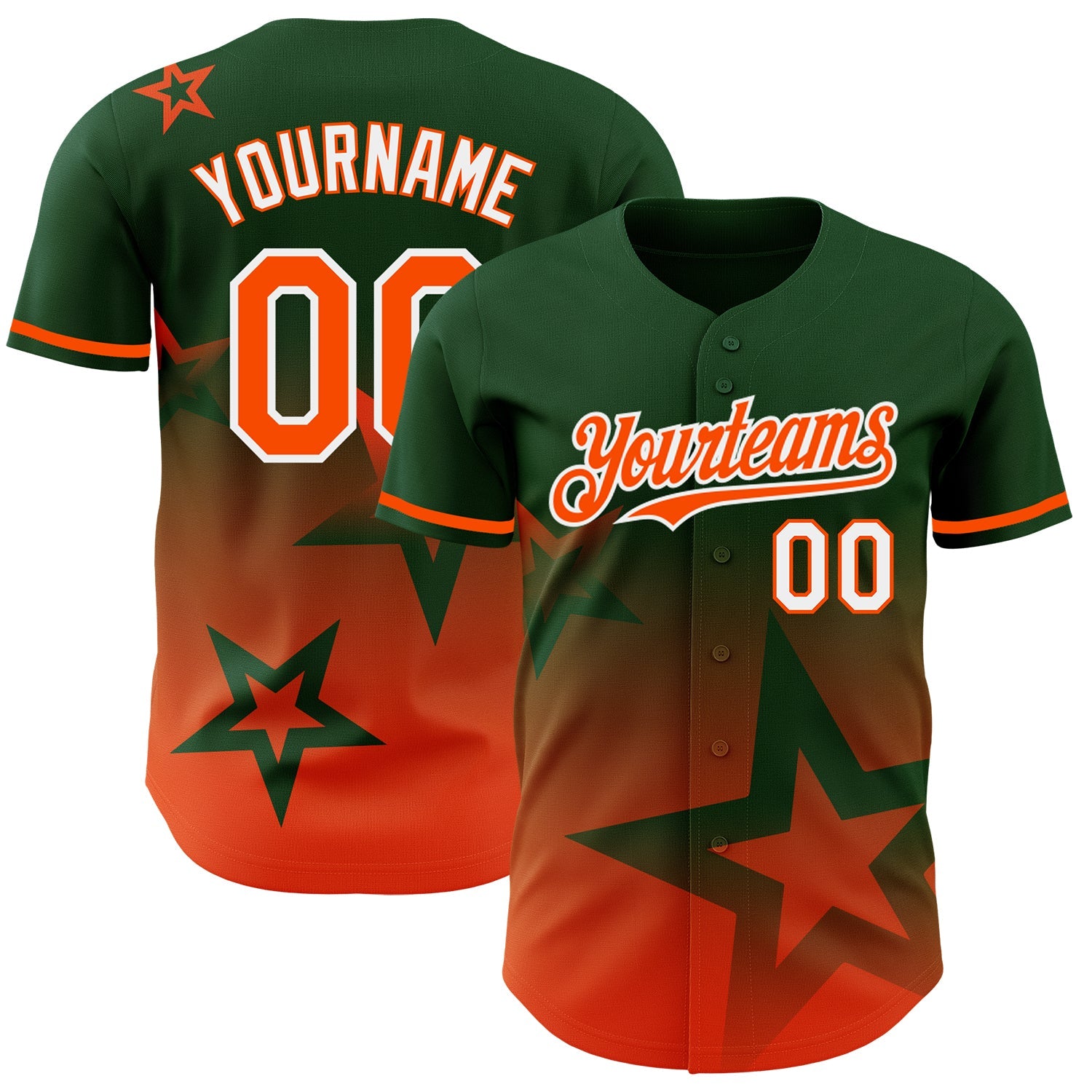 Custom Green Orange-White 3D Pattern Design Gradient Style Twinkle Star Authentic Baseball Jersey - Main View