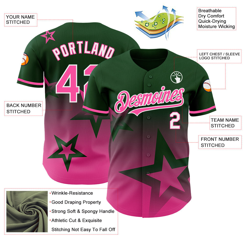 Custom Green Pink-White 3D Pattern Design Gradient Style Twinkle Star Authentic Baseball Jersey view 3
