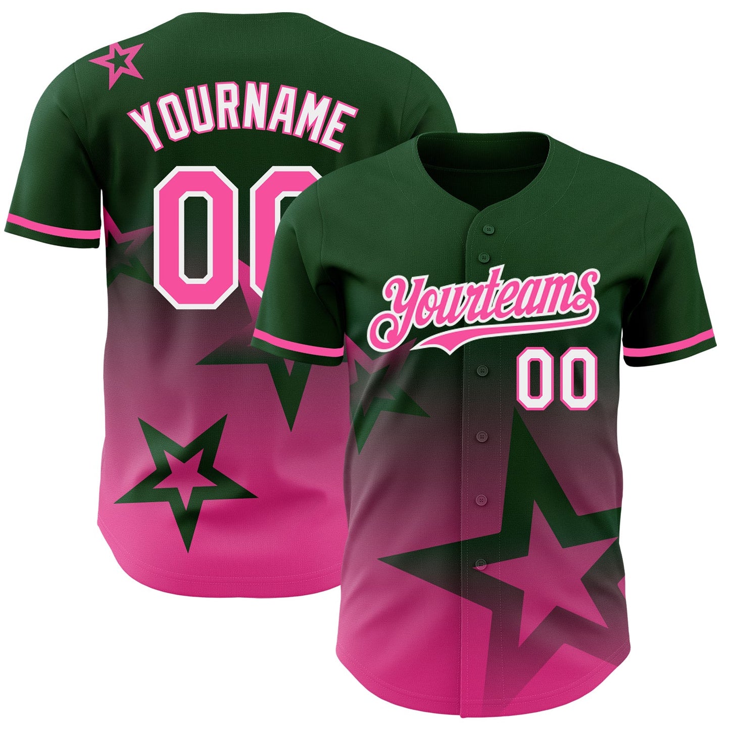 Custom Green Pink-White 3D Pattern Design Gradient Style Twinkle Star Authentic Baseball Jersey - Main View