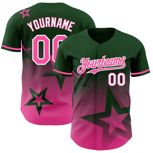 Custom Green Pink-White 3D Pattern Design Gradient Style Twinkle Star Authentic Baseball Jersey - Main View