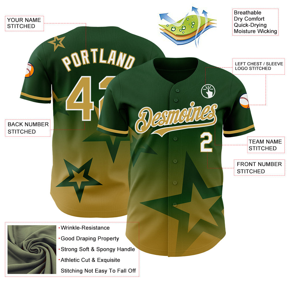 Custom Green Old Gold-White 3D Pattern Design Gradient Style Twinkle Star Authentic Baseball Jersey view 3