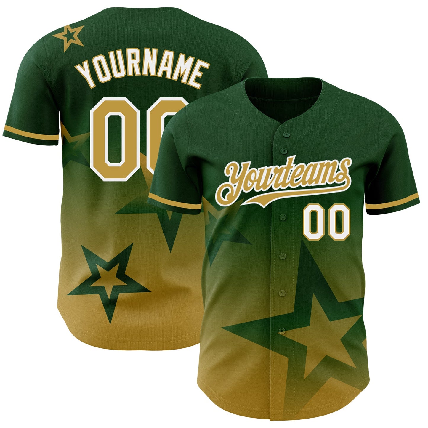 Custom Green Old Gold-White 3D Pattern Design Gradient Style Twinkle Star Authentic Baseball Jersey - Main View