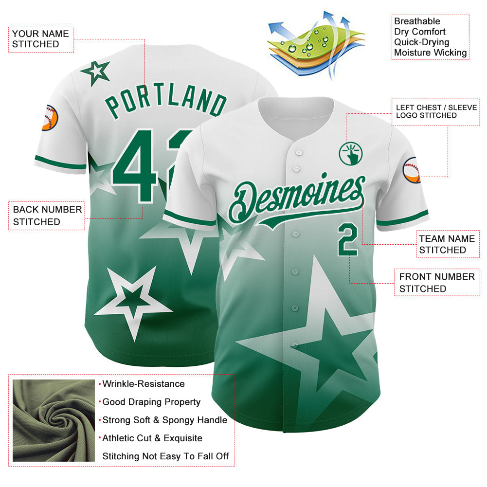 Custom White Kelly Green 3D Pattern Design Gradient Style Twinkle Star Authentic Baseball Jersey view 3