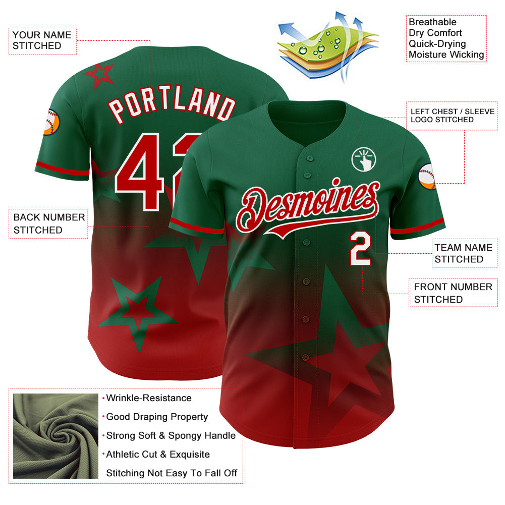 Custom Kelly Green Red-White 3D Pattern Design Gradient Style Twinkle Star Authentic Baseball Jersey view 3