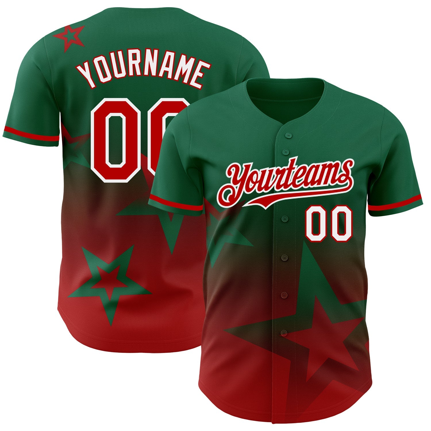 Custom Kelly Green Red-White 3D Pattern Design Gradient Style Twinkle Star Authentic Baseball Jersey - Main View