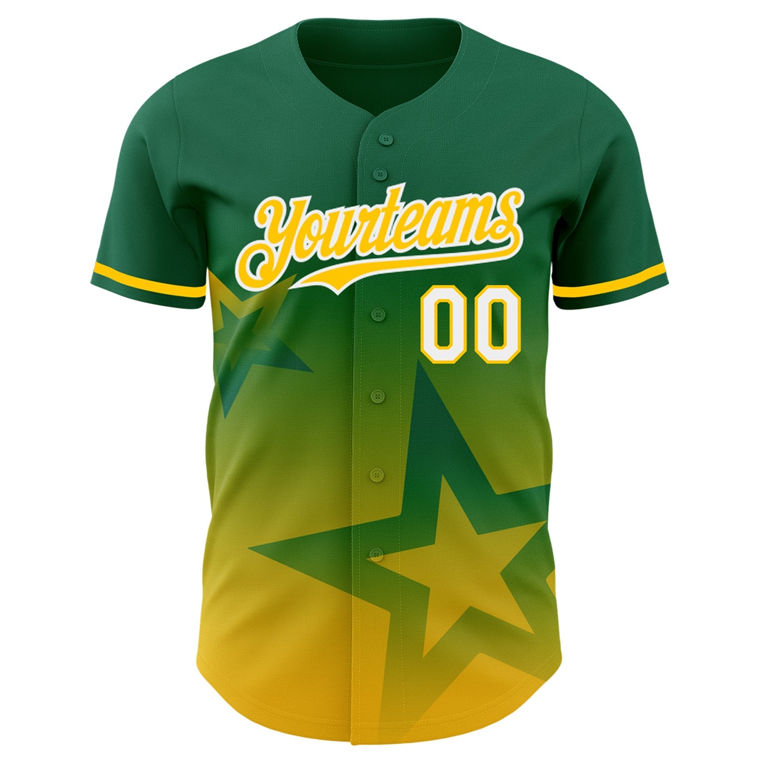 Custom Kelly Green Yellow-White 3D Pattern Design Gradient Style Twinkle Star Authentic Baseball Jersey view 2