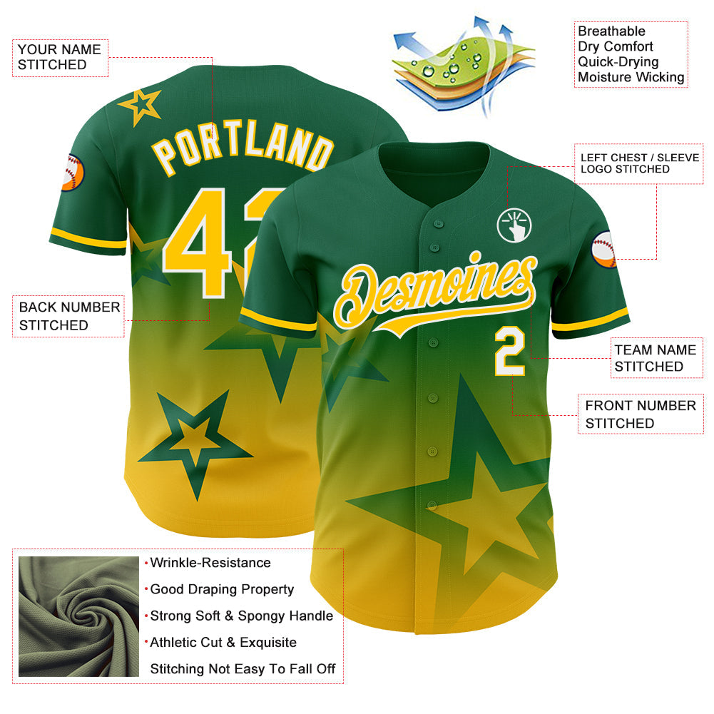 Custom Kelly Green Yellow-White 3D Pattern Design Gradient Style Twinkle Star Authentic Baseball Jersey view 3