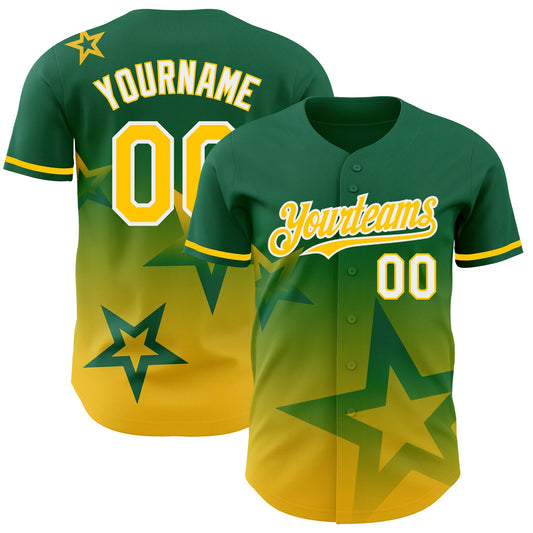 Custom Kelly Green Yellow-White 3D Pattern Design Gradient Style Twinkle Star Authentic Baseball Jersey - Main View