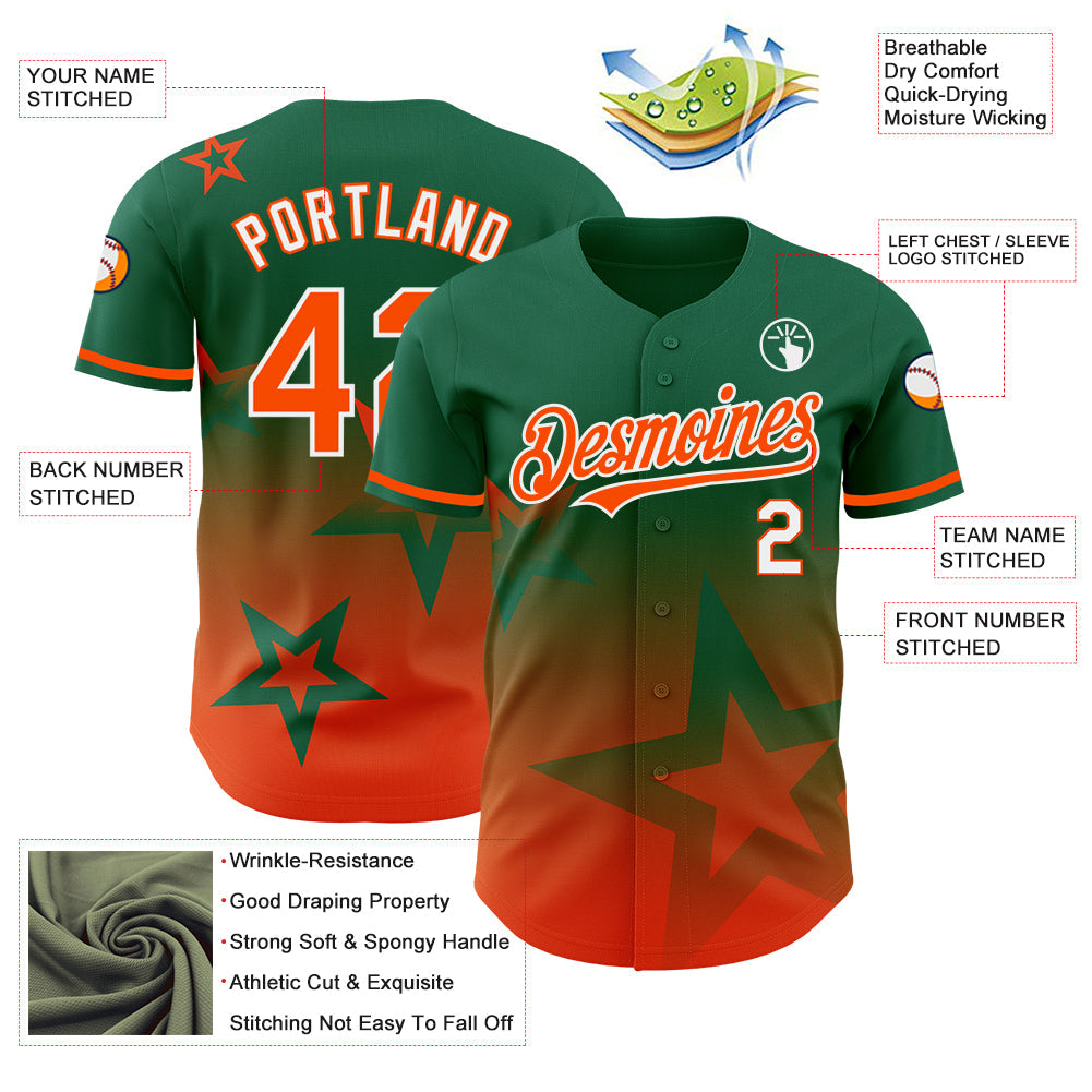 Custom Kelly Green Orange-White 3D Pattern Design Gradient Style Twinkle Star Authentic Baseball Jersey view 3