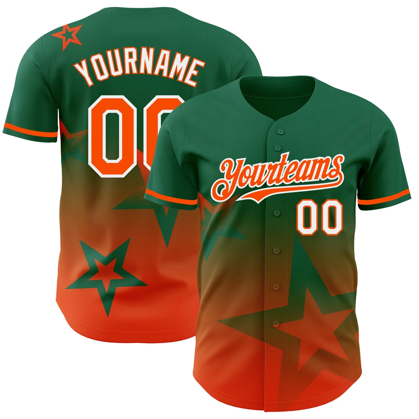 Custom Kelly Green Orange-White 3D Pattern Design Gradient Style Twinkle Star Authentic Baseball Jersey - Main View