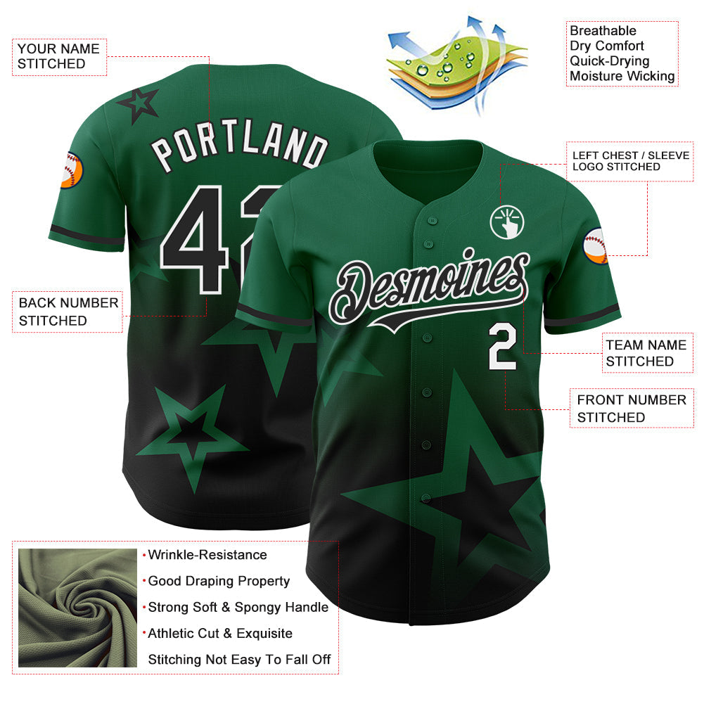 Custom Kelly Green Black-White 3D Pattern Design Gradient Style Twinkle Star Authentic Baseball Jersey view 3