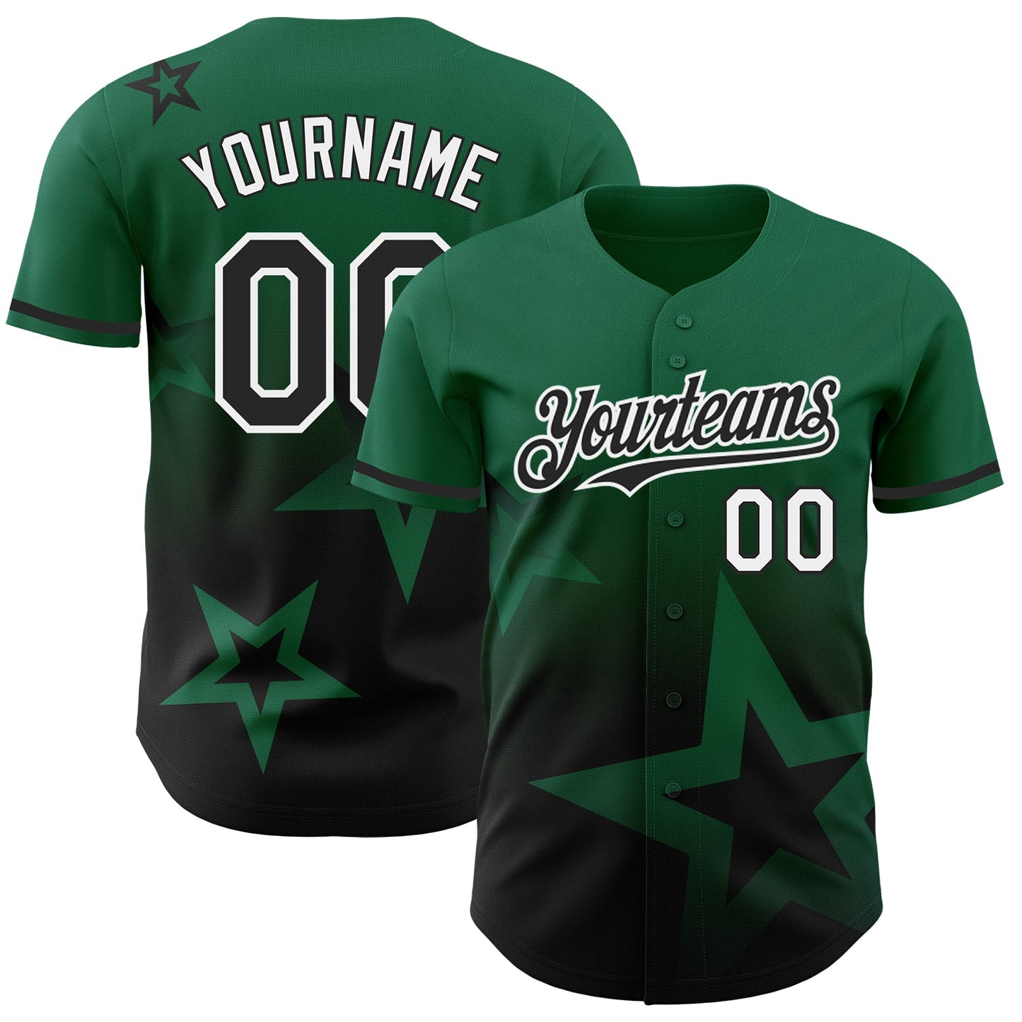 Custom Kelly Green Black-White 3D Pattern Design Gradient Style Twinkle Star Authentic Baseball Jersey - Main View
