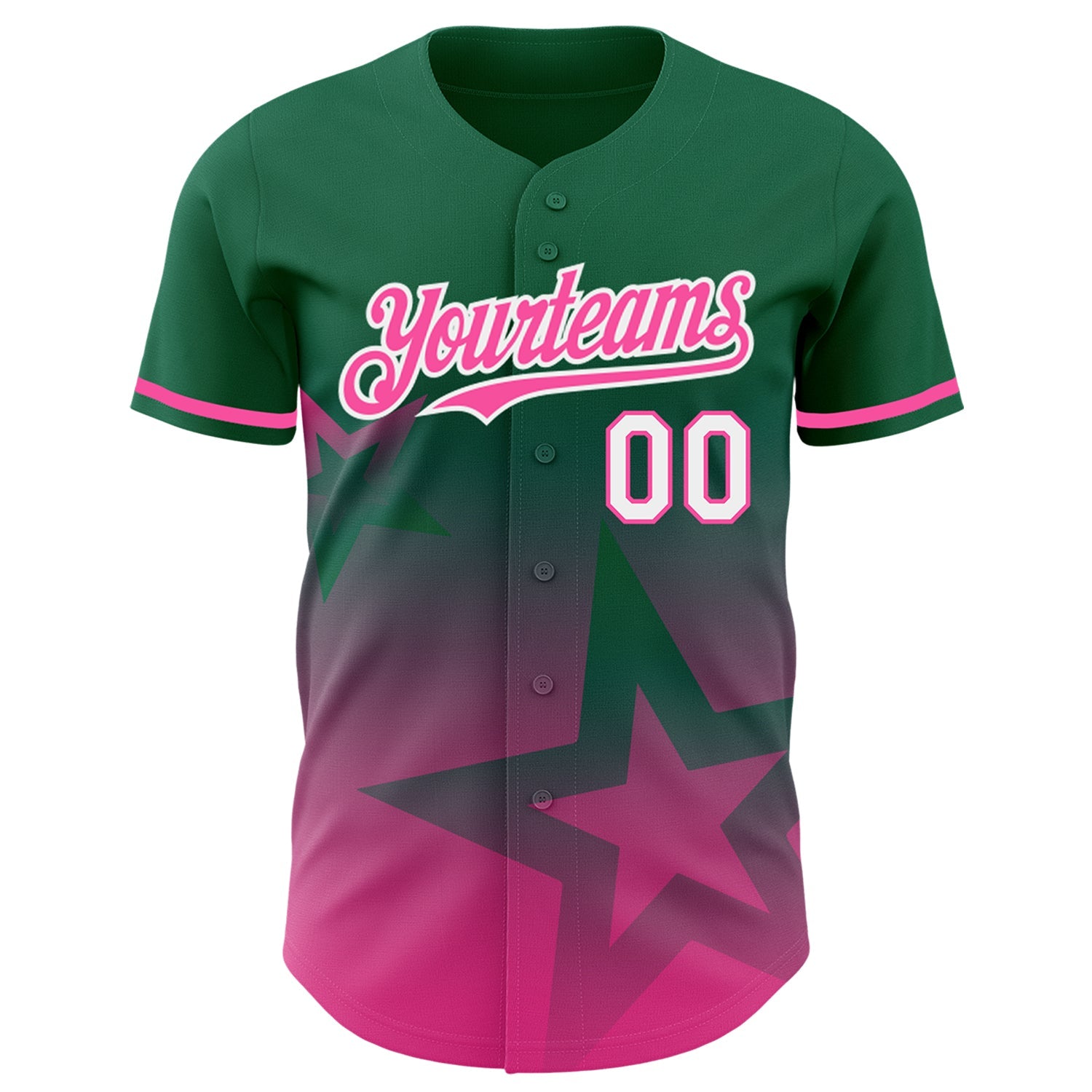 Custom Kelly Green Pink-White 3D Pattern Design Gradient Style Twinkle Star Authentic Baseball Jersey view 2