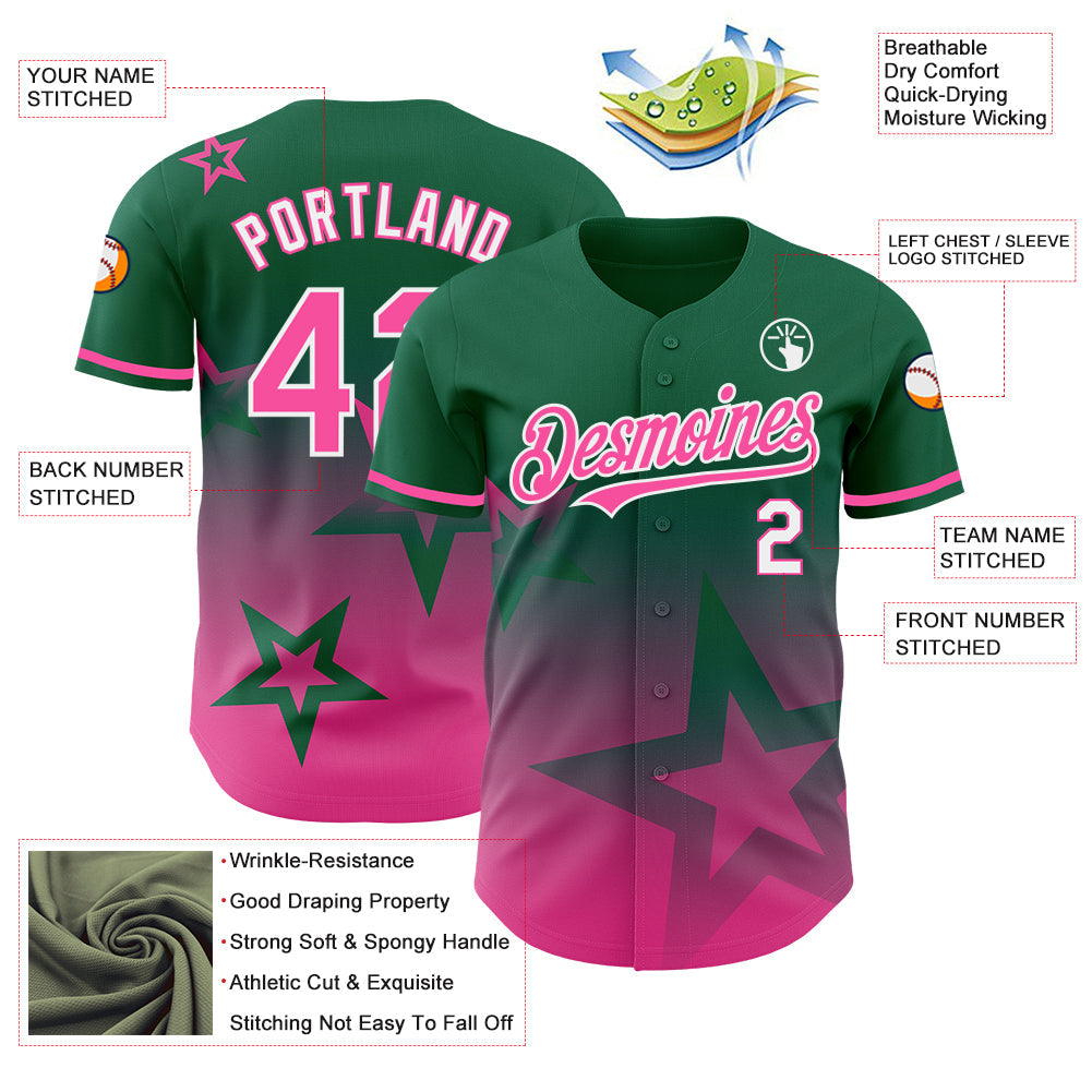 Custom Kelly Green Pink-White 3D Pattern Design Gradient Style Twinkle Star Authentic Baseball Jersey view 3