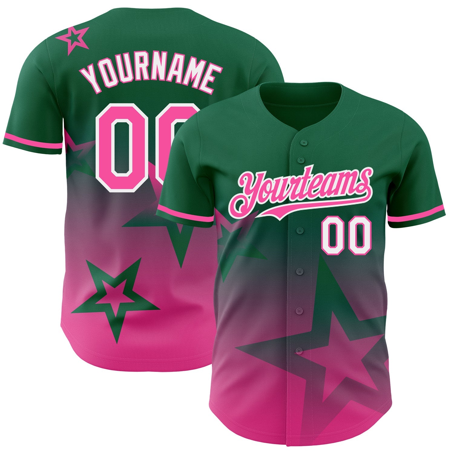 Custom Kelly Green Pink-White 3D Pattern Design Gradient Style Twinkle Star Authentic Baseball Jersey - Main View