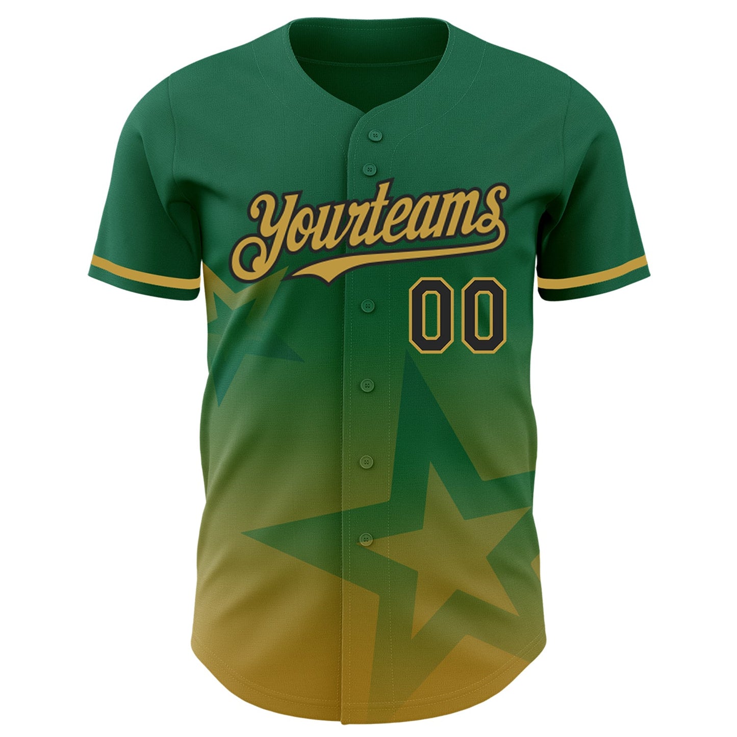 Custom Kelly Green Old Gold-Black 3D Pattern Design Gradient Style Twinkle Star Authentic Baseball Jersey view 2