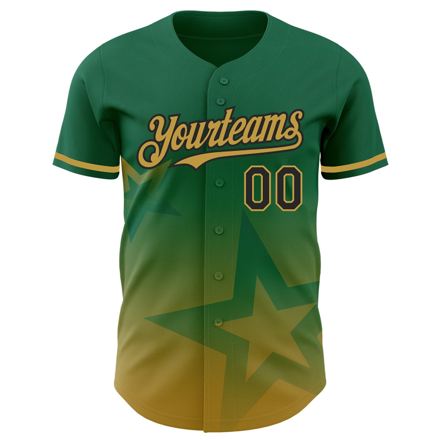 Custom Kelly Green Old Gold-Black 3D Pattern Design Gradient Style Twinkle Star Authentic Baseball Jersey view 2