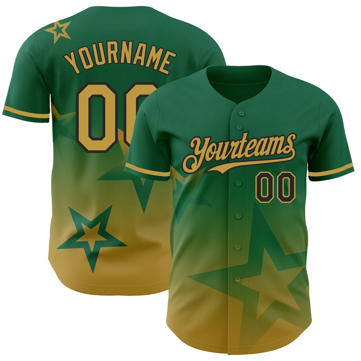 Custom Kelly Green Old Gold-Black 3D Pattern Design Gradient Style Twinkle Star Authentic Baseball Jersey - Main View