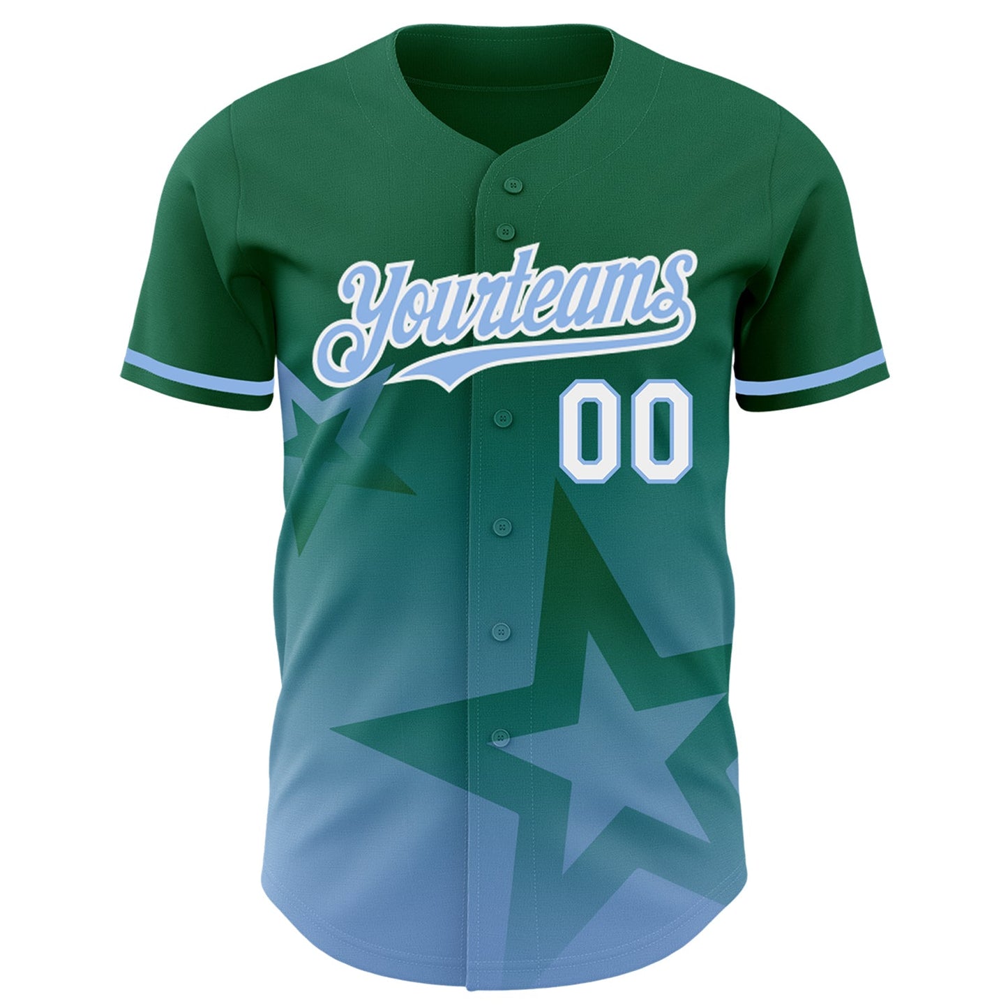 Custom Kelly Green Light Blue-White 3D Pattern Design Gradient Style Twinkle Star Authentic Baseball Jersey view 2