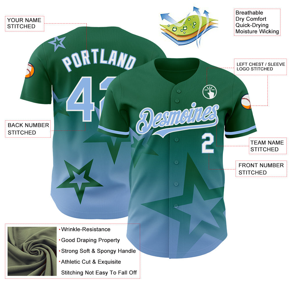Custom Kelly Green Light Blue-White 3D Pattern Design Gradient Style Twinkle Star Authentic Baseball Jersey view 3